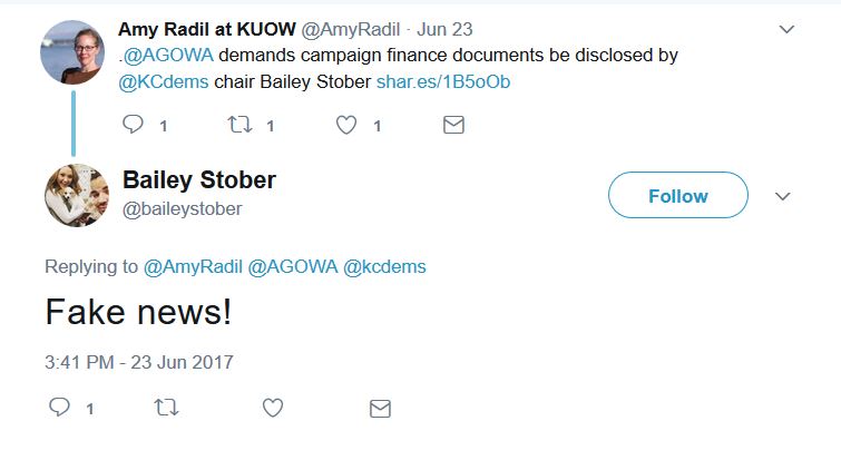 Bailey Stober's response on Twitter: Fake News